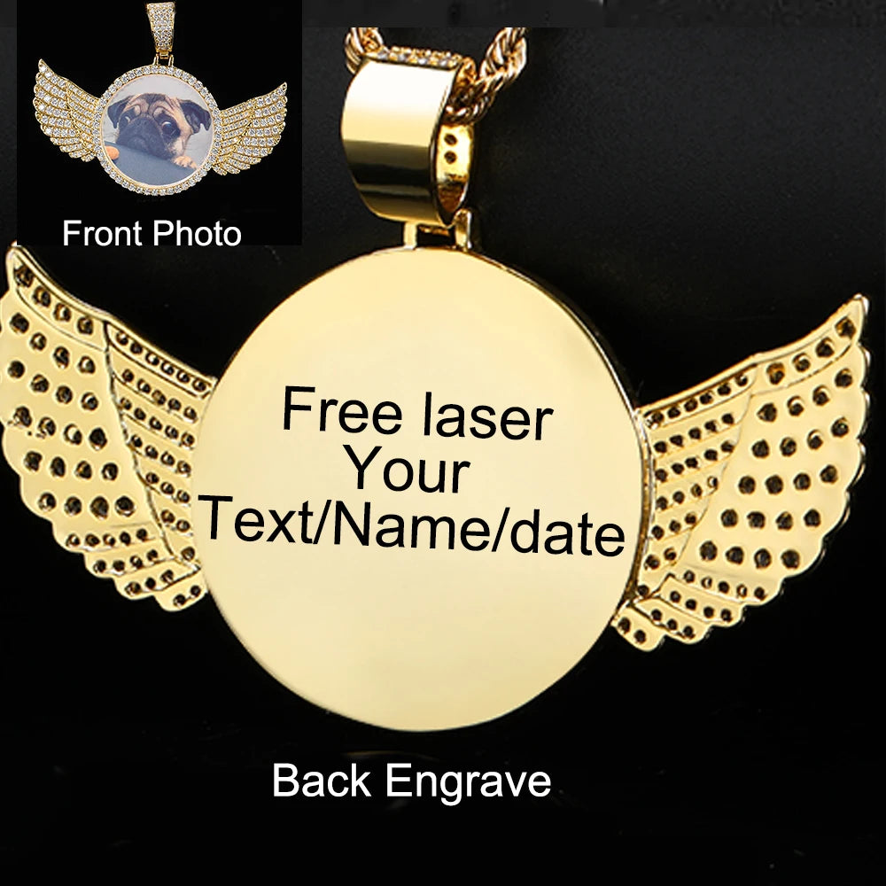 Angel Wings Photo Pendant Necklace Iced Out