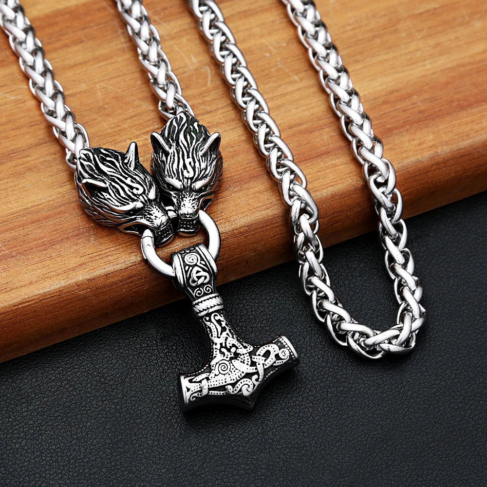 Wolf Thor Hammer Steel Pendant Vintage 316L Thor's