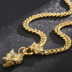 Curb Link Chain Men's Neck Necklaces for Man Gold Color Stainless Steel Wolf Head Man Pendant Necklace 65CM Long Viking
