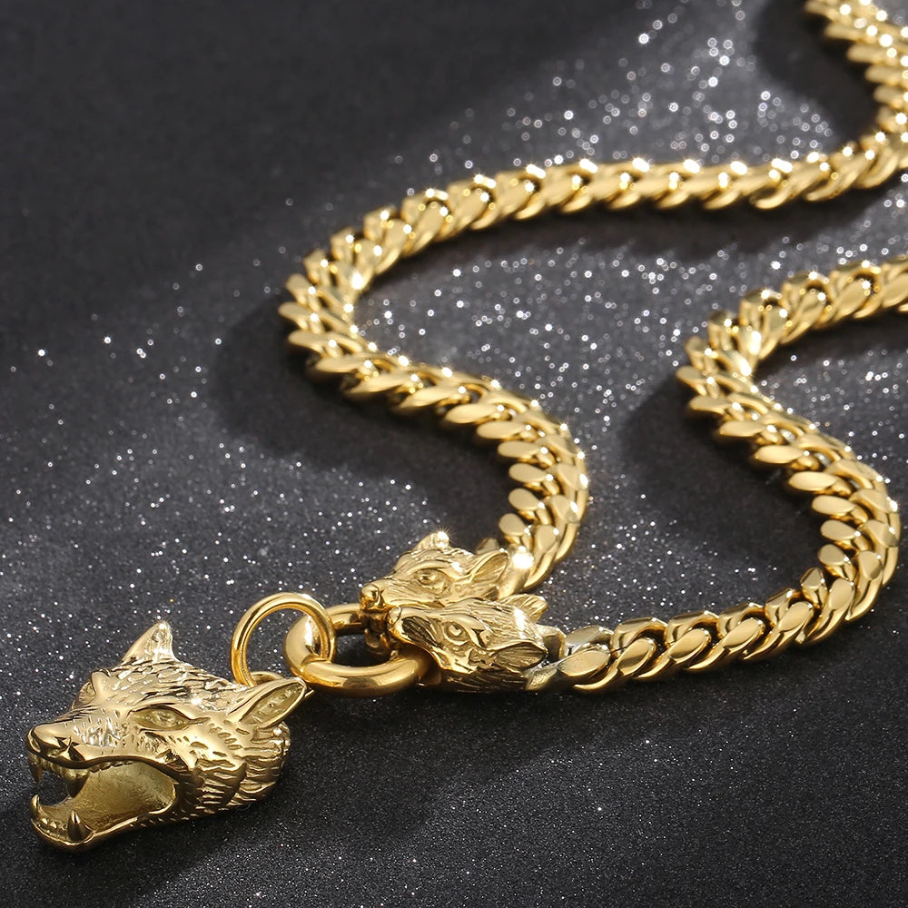 Curb Link Chain Men's Neck Necklaces for Man Gold Color Stainless Steel Wolf Head Man Pendant Necklace 65CM Long Viking