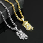 Men Hip Hop Jesus Piece Head Face Pendant Necklace With 4mm Rope Chain Shining Crystal Charm Pendants Jewelry Gift For