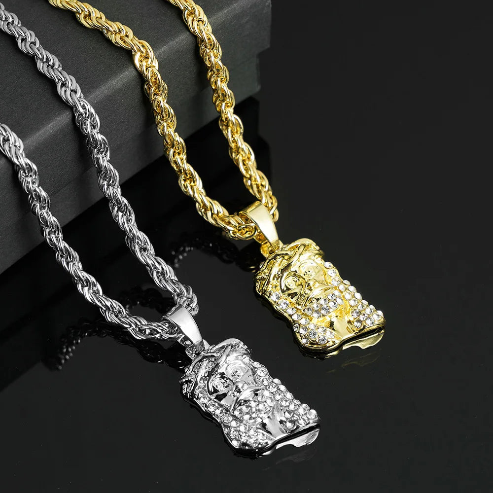 Men Hip Hop Jesus Piece Head Face Pendant Necklace With 4mm Rope Chain Shining Crystal Charm Pendants Jewelry Gift For