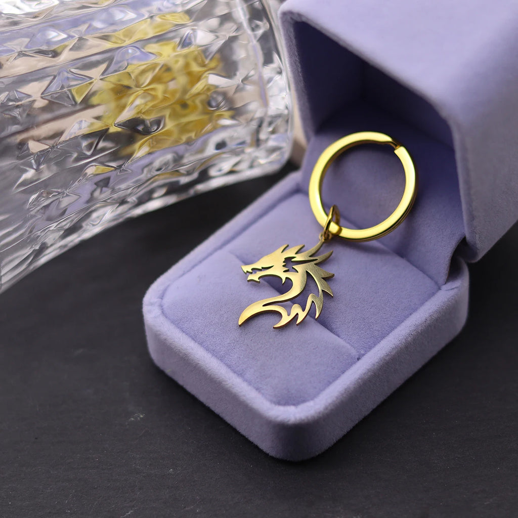 Gothic Flame Dragon Head Keychain — Stainless Steel