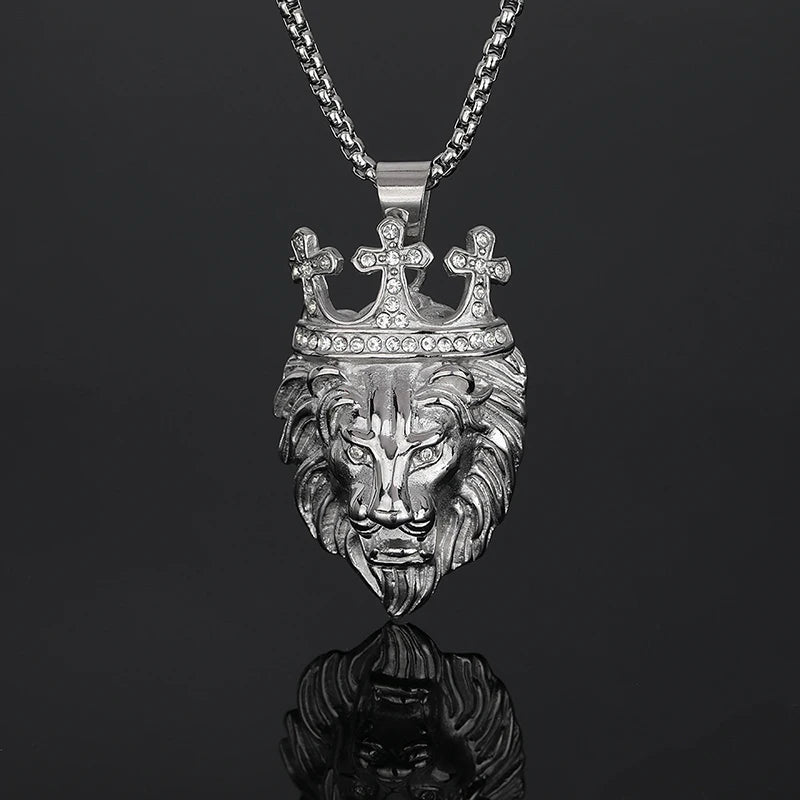Iced Out Cross Crown Lion Necklace — Stainless Steel
