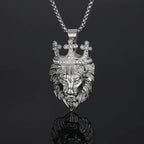 Iced Out Cross Crown Lion Necklace — Stainless Steel