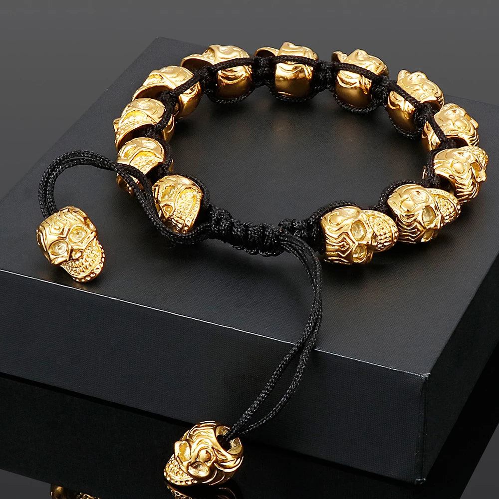 Handmade Braided Man Bracelet Skull Beads On Hand Bands Bracelets for Men Punk Gothic Stainless Steel Men's Jewelry