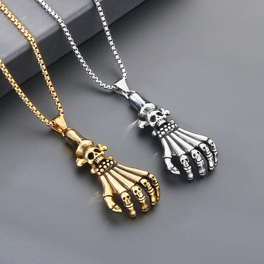 Gothic Skull Palm Pendant Necklace — Stainless Steel