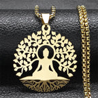 Buddhism Meditation Buddha Yoga Pendant Necklace Stainless Steel Tree of Life Buddhist Chakras Reiki Chain Jewelry Collar