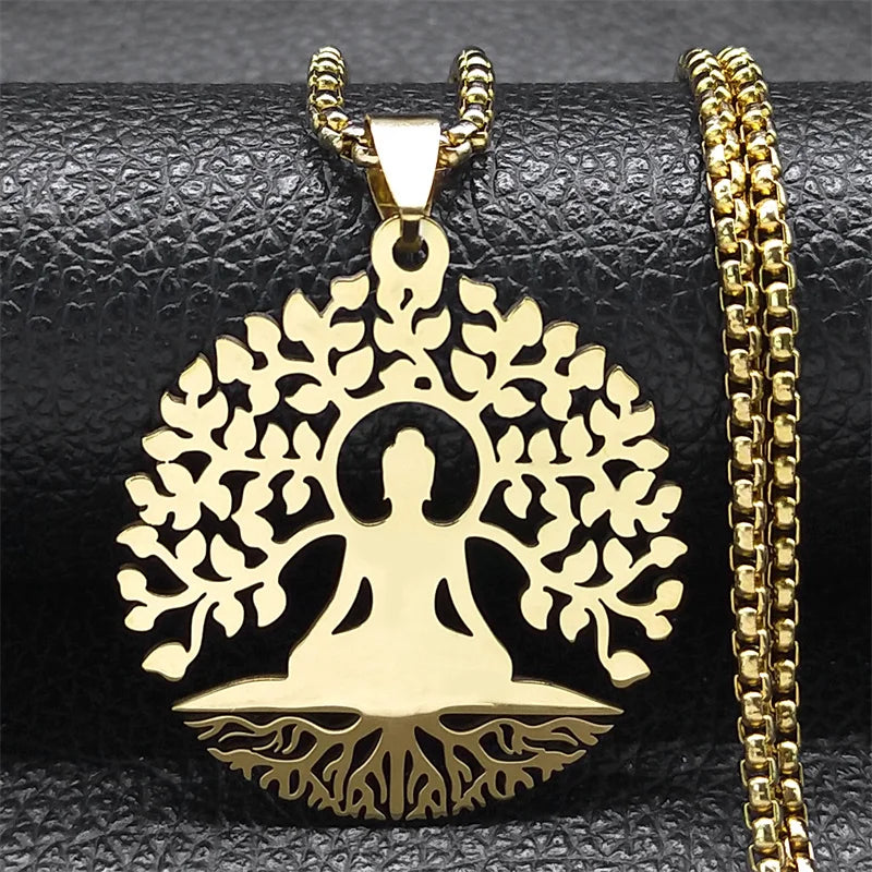 Buddhism Meditation Buddha Yoga Pendant Necklace Stainless Steel Tree of Life Buddhist Chakras Reiki Chain Jewelry Collar