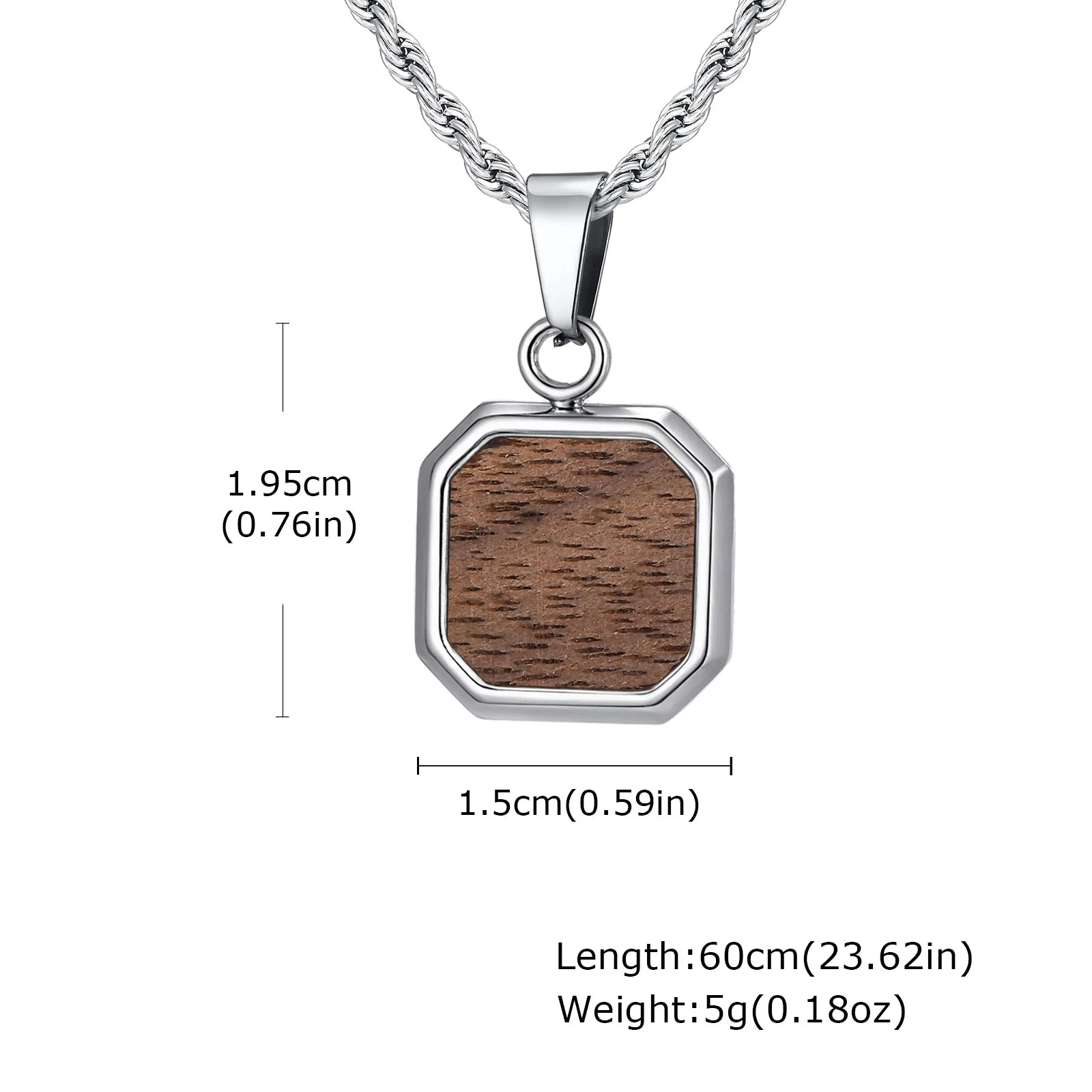 Minimalist Brown Square Pendant Necklace for Men,Wateproof Natural Wood Necklace with Twistd Chain,Vintage Jewelry Gift