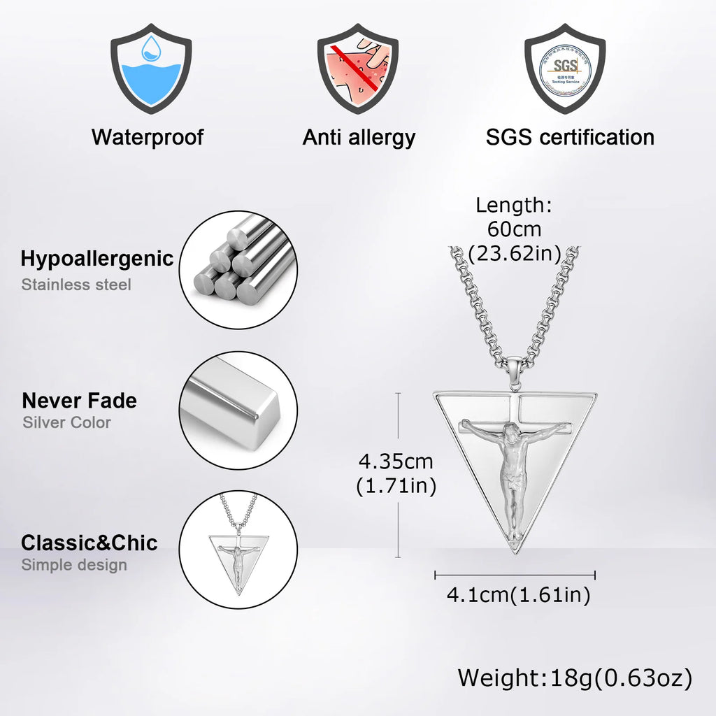 Catholic Jesus Cross Triangle Pendant Necklace — Stainless Steel