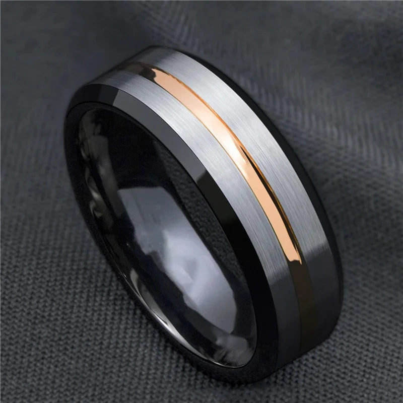 Fashion 8mm Men's Black Tungsten Wedding Band Rings Blue Groove Beveled Edge Knuckle Ring For Boyfriend Father's Day