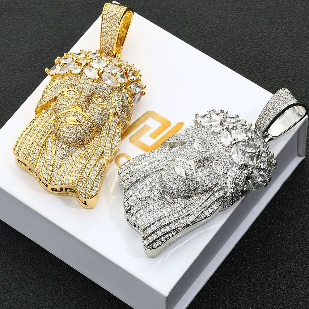Gold Jesus Face Pendant Necklace Iced Out 18K