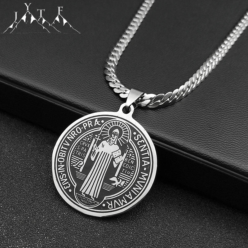 San Benito Exorcist Pendant Necklace for Women Men Stainless Steel Christian Saint Benedict Religious Amulet Chain