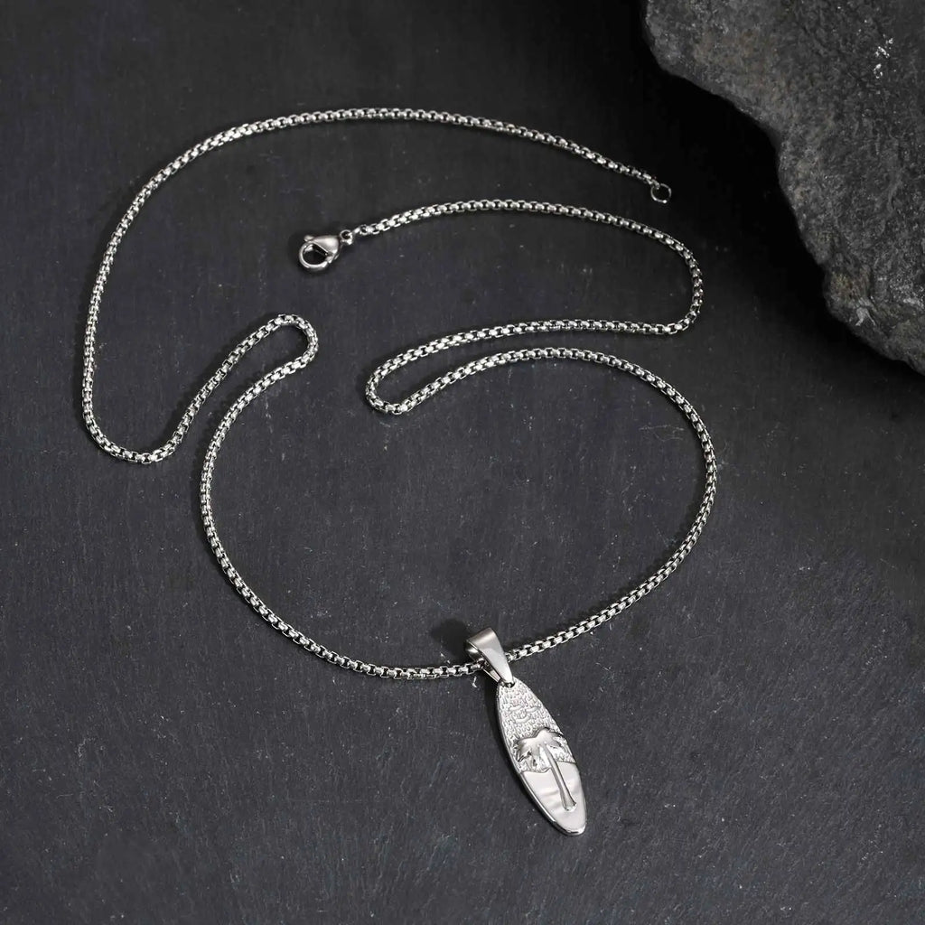 Coconut Tree Oval Pendant Necklace — Stainless Steel