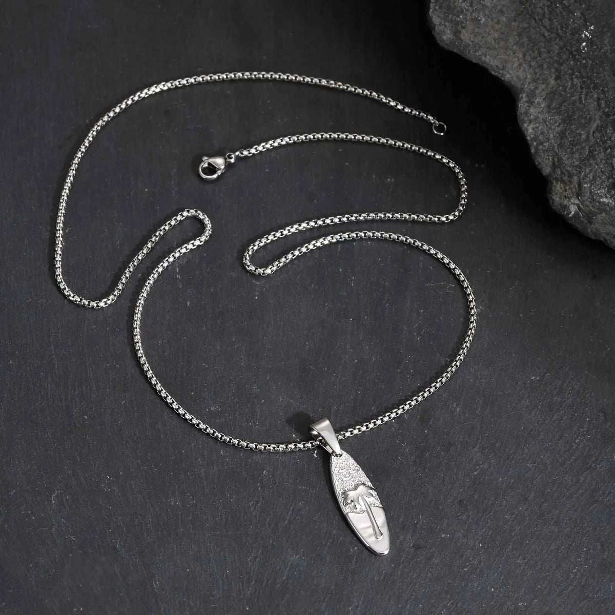 Coconut Tree Oval Pendant Necklace — Stainless Steel