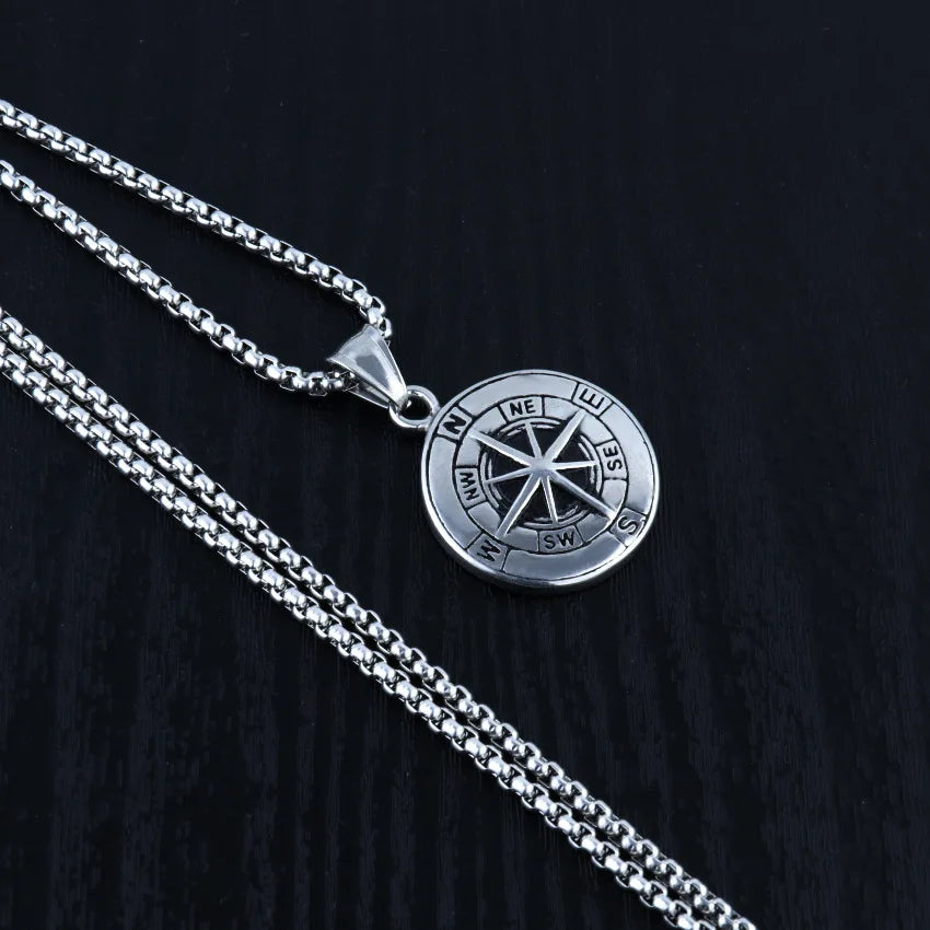 Viking Compass Pendant Necklace Silver Stainless Steel