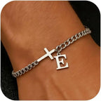 Men Cross Cuban Chain Bracelets for Men Initial A-Z Faith Cross Bracelets, Stainless Steel Initial Bracelet Religious