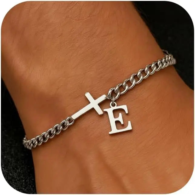 Men Cross Cuban Chain Bracelets for Men Initial A-Z Faith Cross Bracelets, Stainless Steel Initial Bracelet Religious