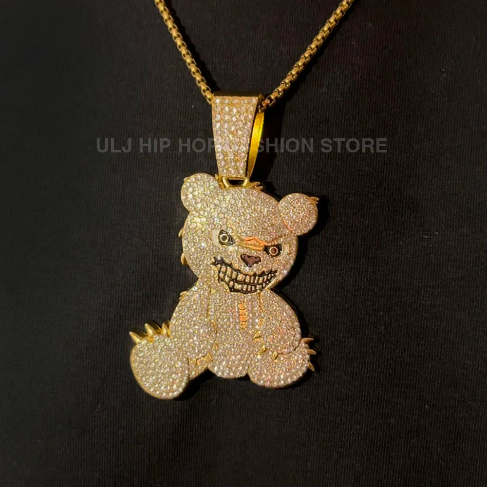 Men Women Iced Out Brown Bear Pendant Necklace With 13mm Miami Cuban Link Chain Men's Necklaces Choker Collar Hip Hop