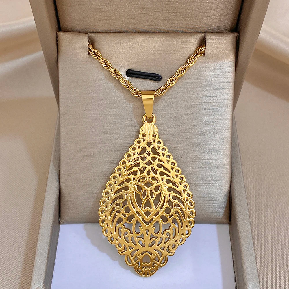 Greatera Vintage Embossment Teardrop Pendant Necklace For Women Men Chic Hollow Artistic Design Stainless Steel Jewelry Party