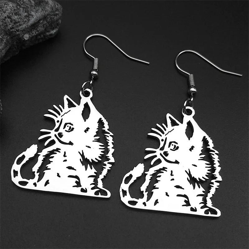 Cat Gold Earrings Cute Kitty Animal Hollow Hoop