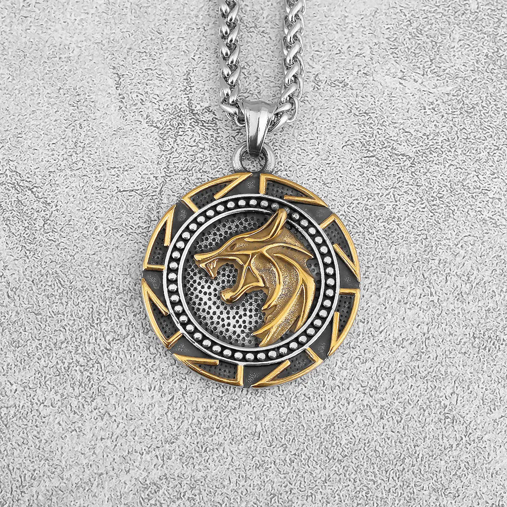 Mens Vintage Viking Wolf Pendant Runes Necklace Punk Street Rock Nordic Stainless Steel Odin Wolf Head Necklace Fashion