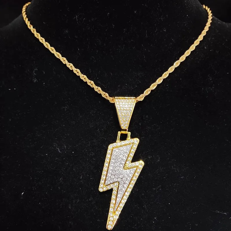 Men Women Hip Hop Lightning Pendant Necklace with 13mm Crystal Cuban Chain HipHop Iced Out Bling Necklaces Fashion Charm Jewelry