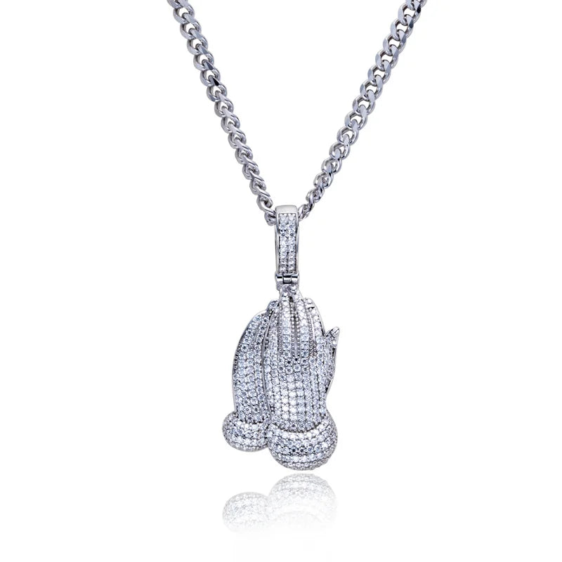 Iced Out Praying Hand Pendant — 925 Silver