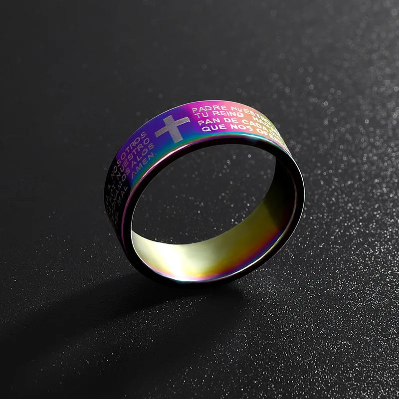 Black Jesus Men's Titanium Steel Bible Scripture Cross Jesus Ring Letter Bible Scripture Prayer Ring Men's 8mm Amulet