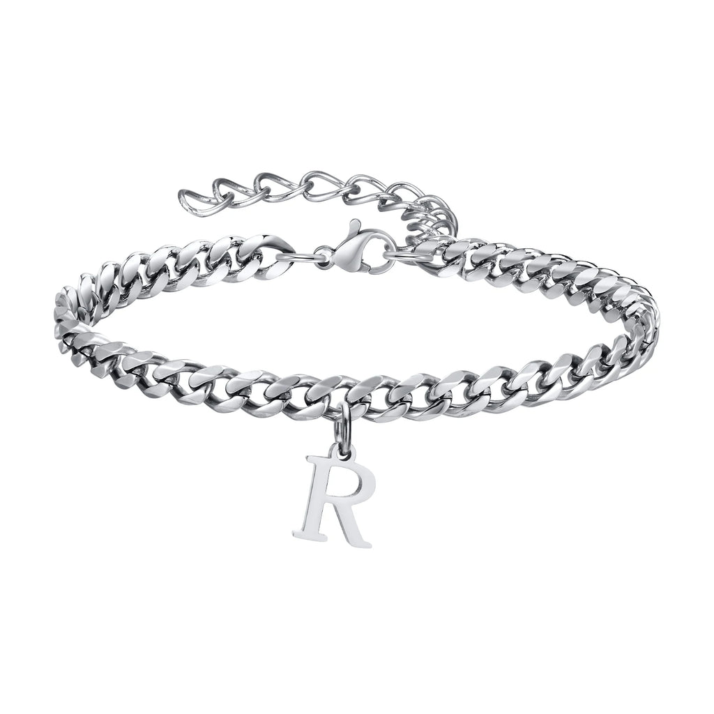 Vnox A-Z Initial Bracelets for Men Women, Never Fade Silver Color Stainless Steel Cuban Chain Bracelet with 26 Letter