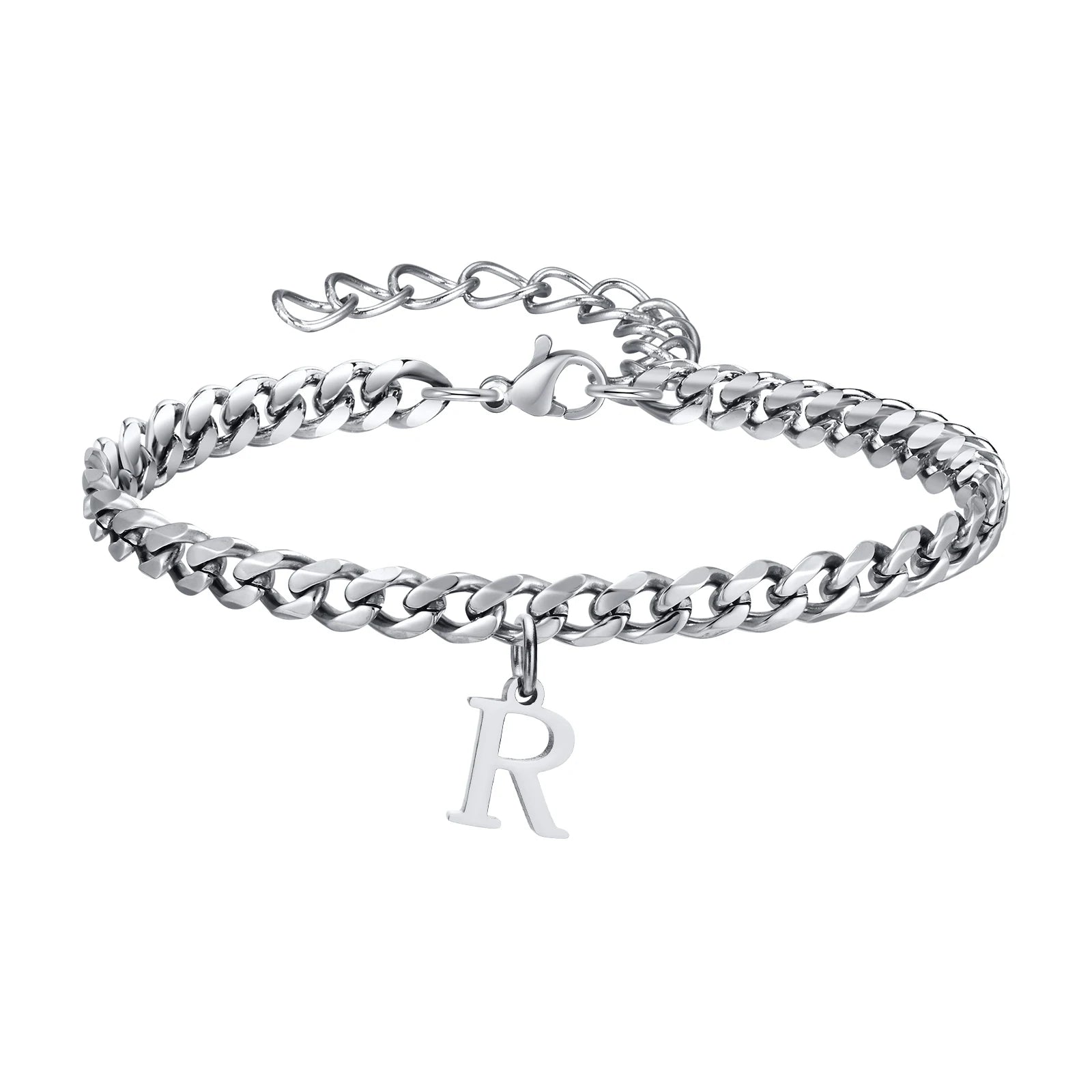 Vnox A-Z Initial Bracelets for Men Women, Never Fade Silver Color Stainless Steel Cuban Chain Bracelet with 26 Letter