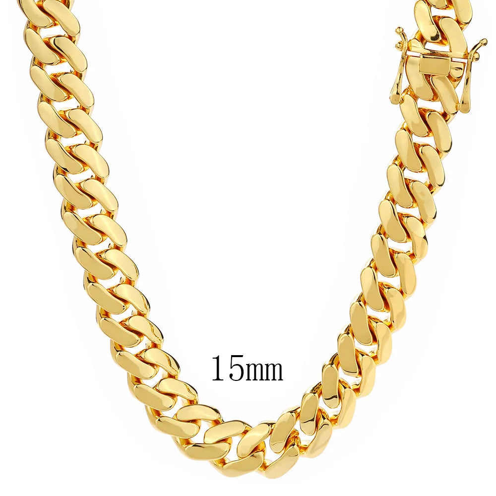 Gold Cuban Chain Necklace 15MM Smooth 18K