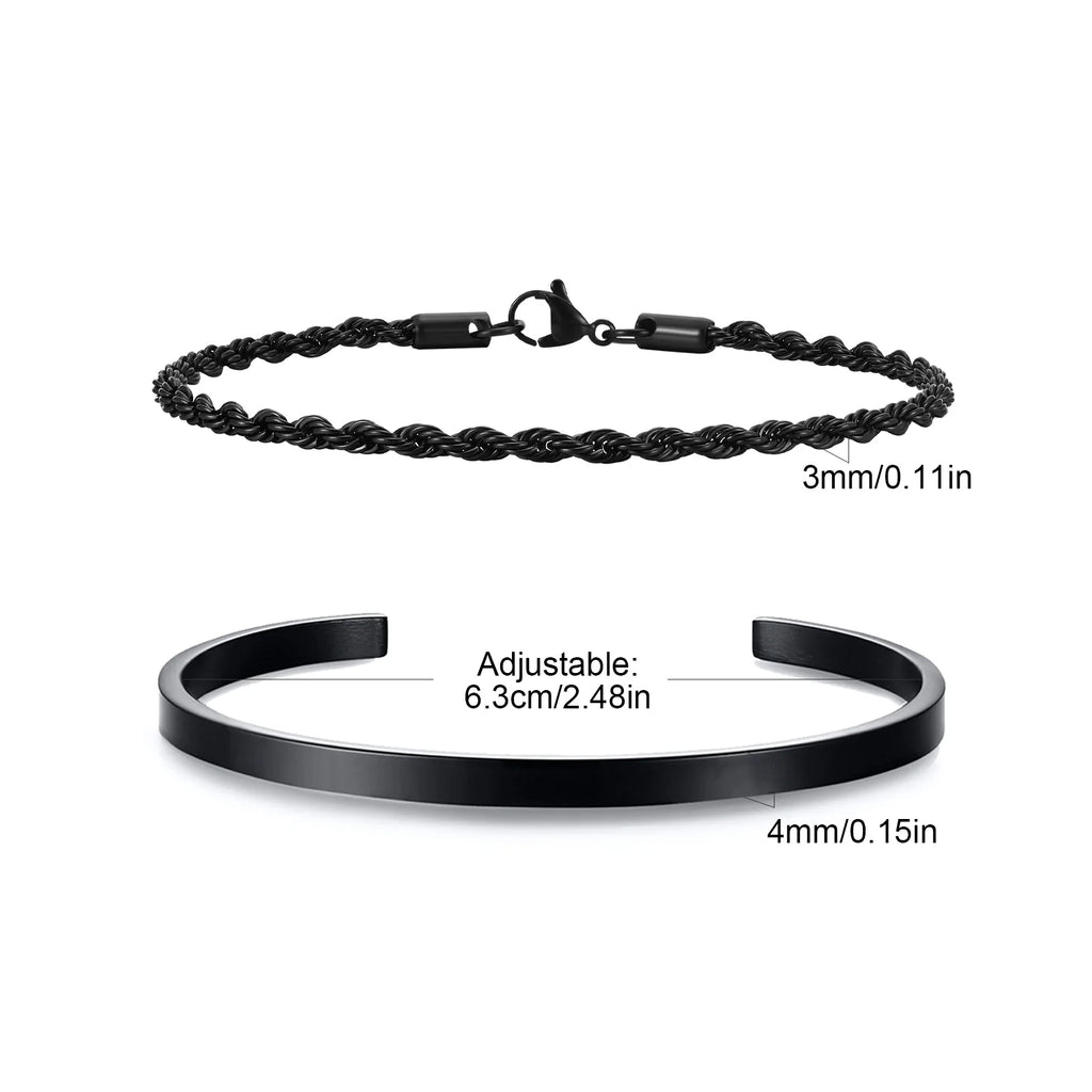 Men's 2pcs Set Simple Fashion Cuban Snake Link Chain Bracelet Stainless Steel Open Cuff Bangle Punk Hip Hop Jewelry Set