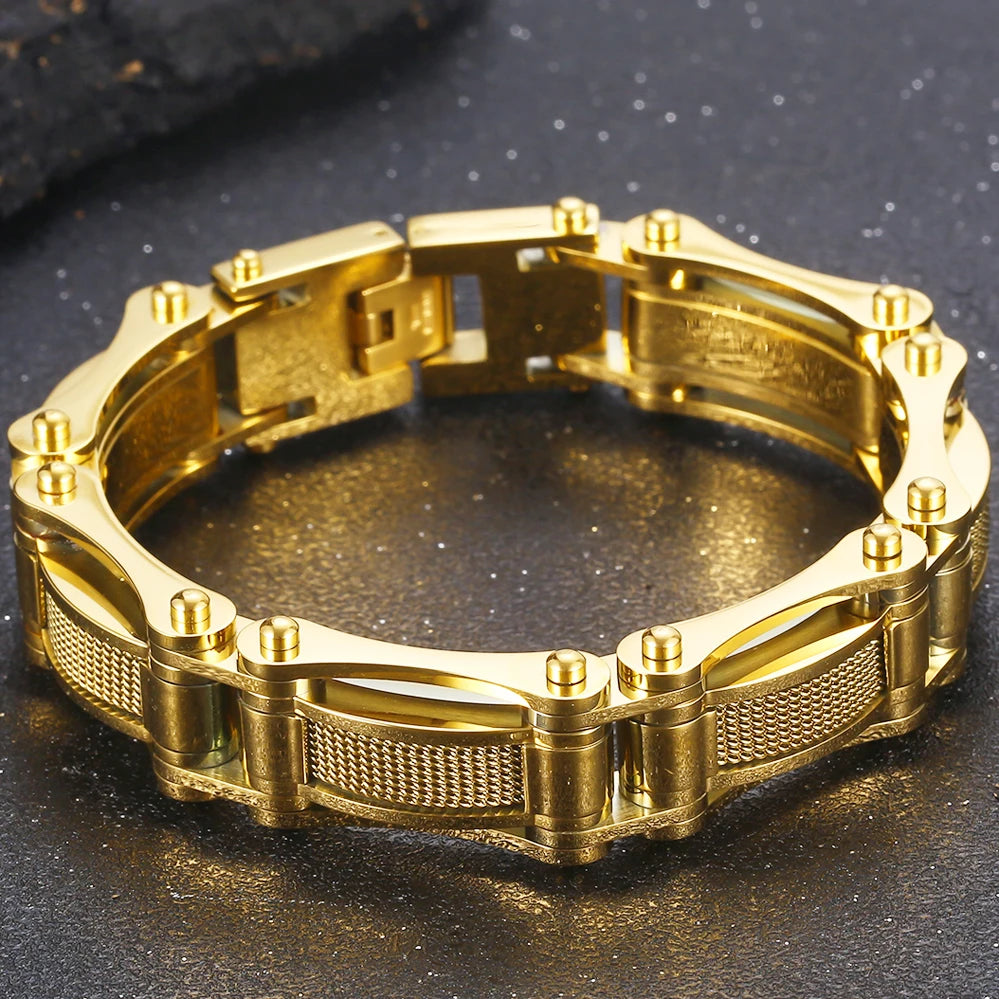 Cool Black Gold Color Bracelet for Man 15MM Width Stainless Steel Chain Men's Wrist Arm Jewelry Birthday Gifts for Boys