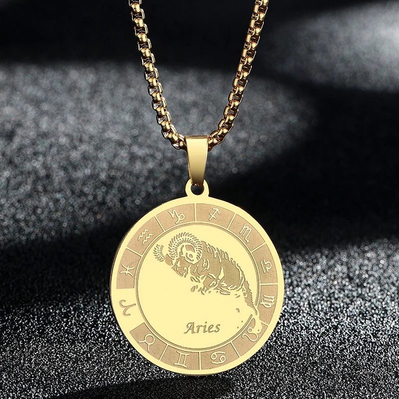 Stainless Steel Zodiac Sign Necklace For Women Men 12 Constellation Libra Symbol Pendant Necklace Amulet Collar Men Jewelry Gift