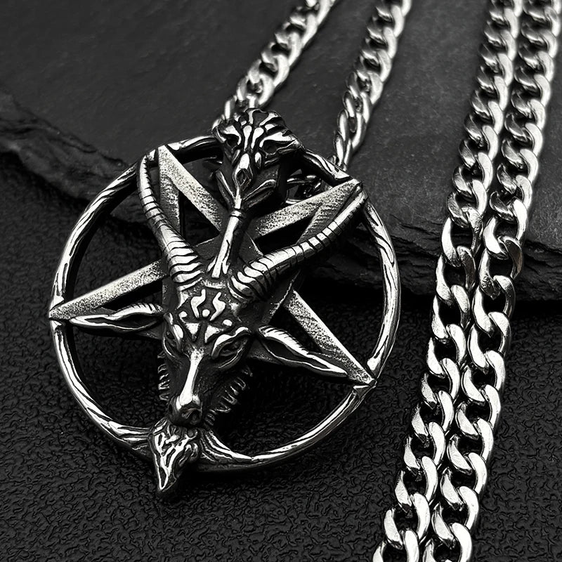 Gothic Skull Silver Pendant Goat 316L Pentagram