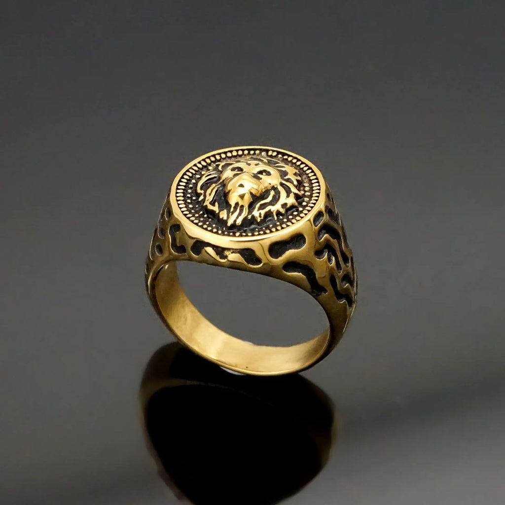 Golden Lion Head Ring Animal Band — 316L Stainless Steel
