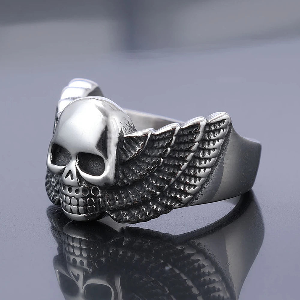 Angel Wings Skull Ring — Stainless Steel