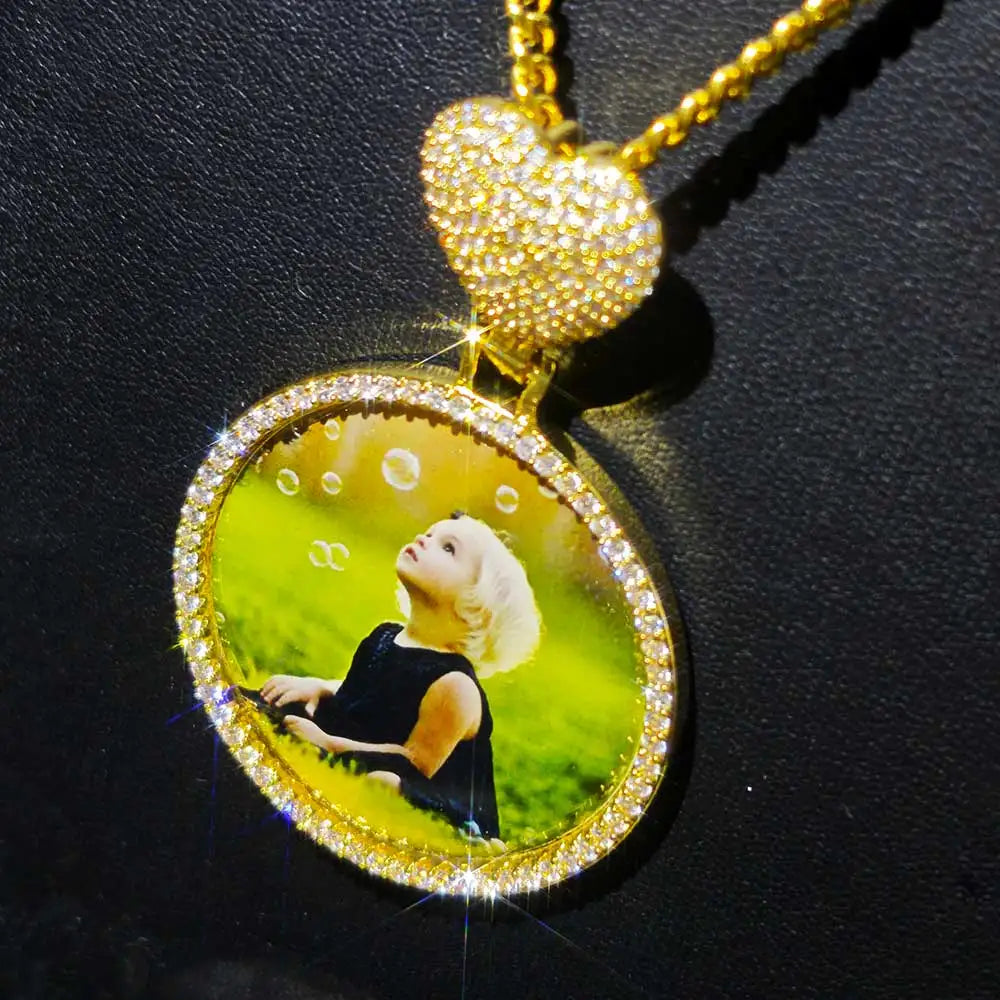 Gold Heart Photo Pendant Necklace 18K Iced Out
