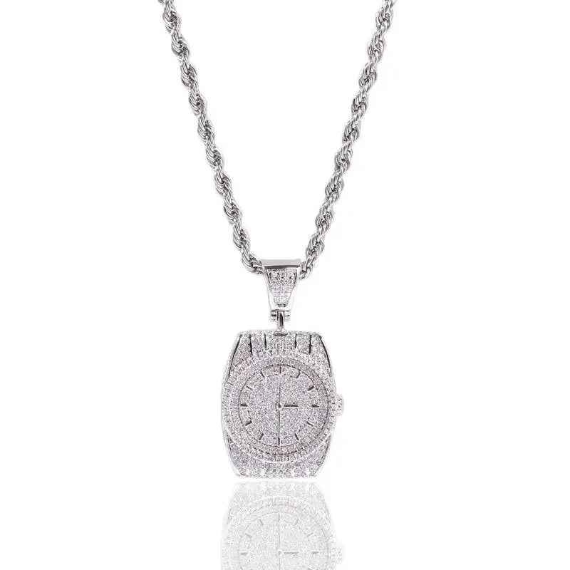 Zircon Watch Shape Pendant Necklace — Zinc Alloy