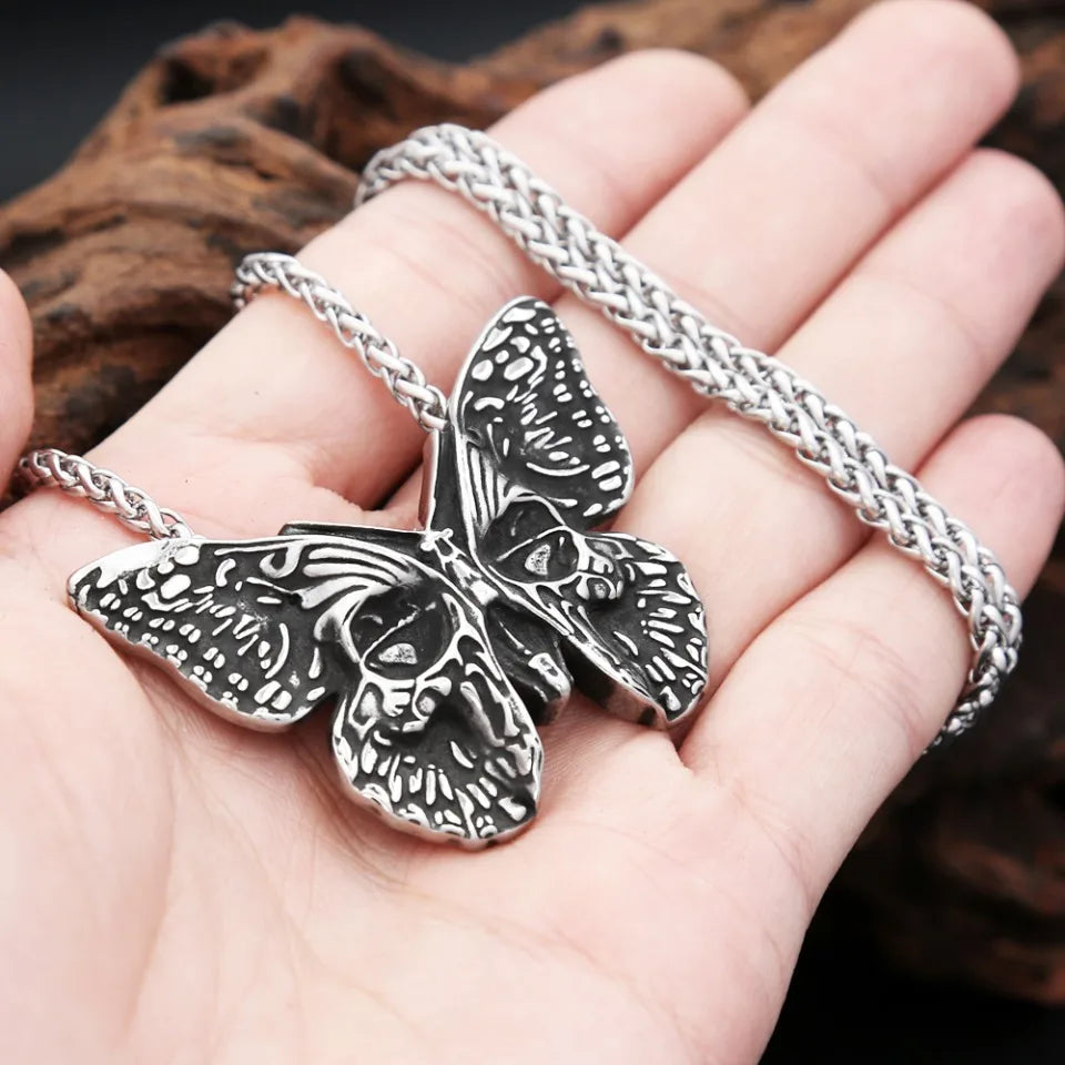 Butterfly Skull Pendant Necklace — Stainless Steel