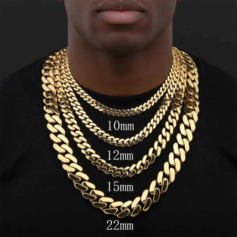 Gold Cuban Chain Necklace 10/12/15/22MM Smooth