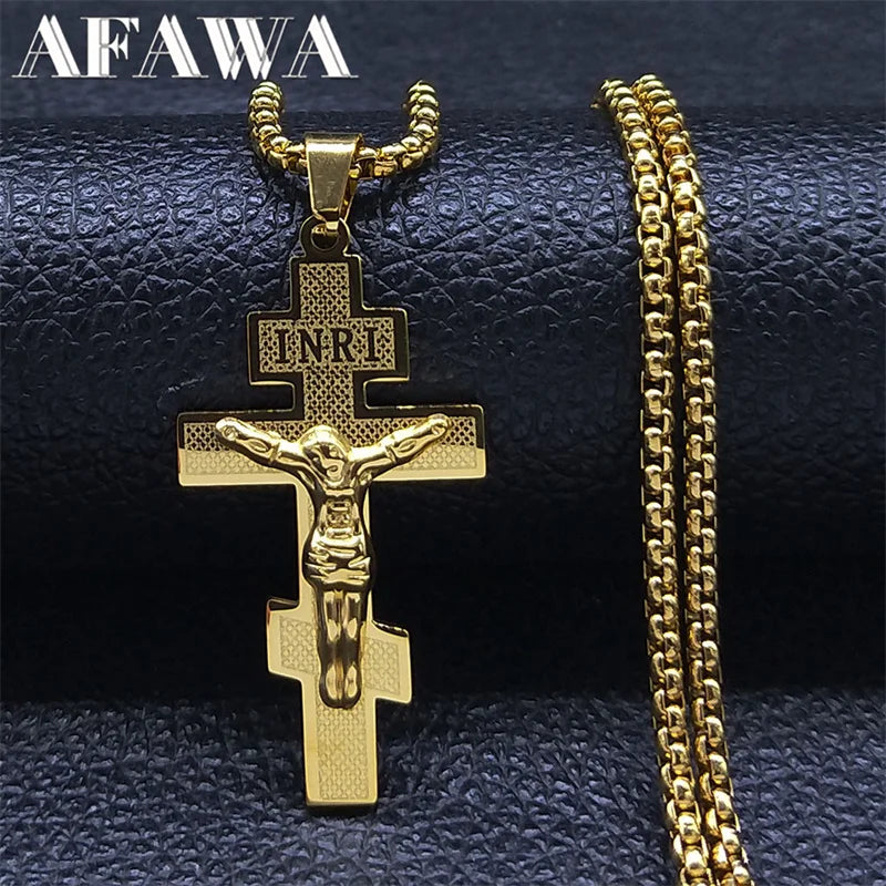Catholic Orthodox Cross Necklace Stainless Steel Gold Color INRI Crucifix Jesus Necklaces Holy Jewelry cordao masculino