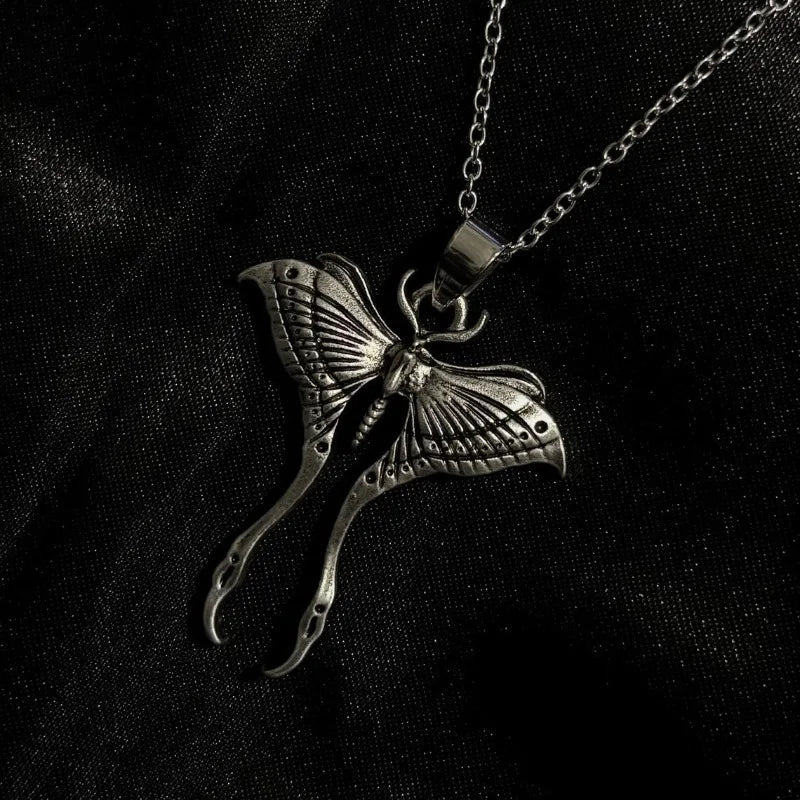 Gothic Punk Ancient Silver Moon Moth Pendant Necklace for Men Women Halloween Witch Daily Wear Alternative Jewelry Accessories