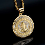 Iced Out Praying Hands Pendant — Gold