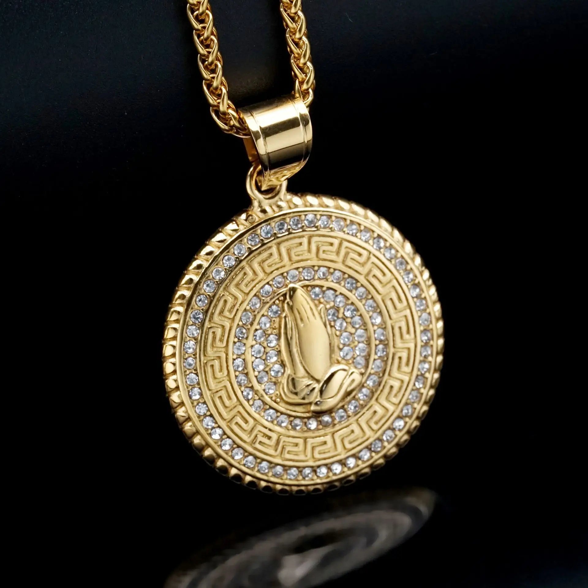 Iced Out Praying Hands Pendant — Gold