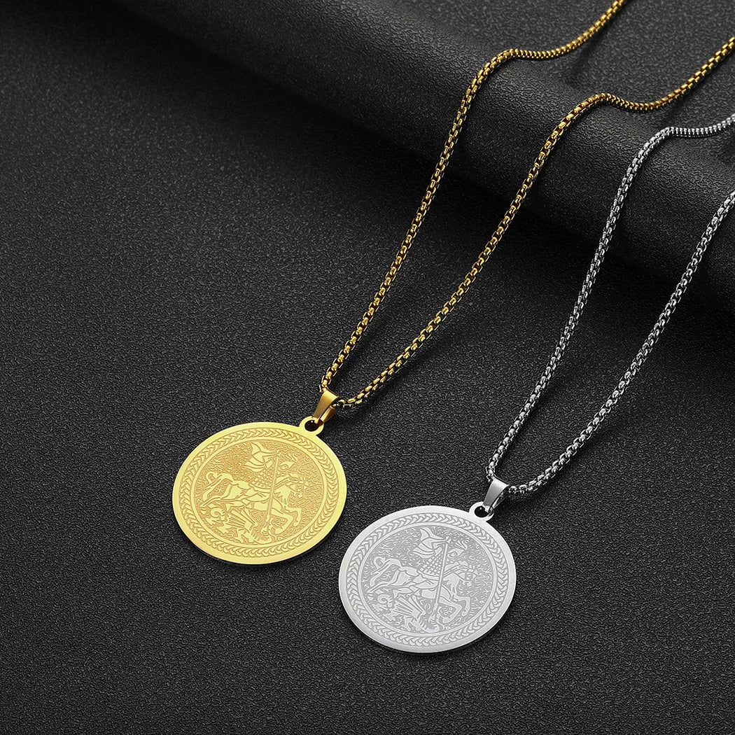 QIMING Dainty Saint George Pendant Necklace For Men Stainless Steel Warrior St. George's Dragon Medallion Mythology