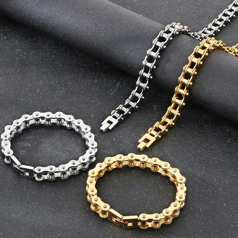 Bike Chain Necklace Bracelet Set for Man Punk Rock Stainless Steel Motorcycle Bracelets Choker Men Vacuum Plated