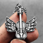 Angel Wings Violin Pendant Necklace Stainless Steel